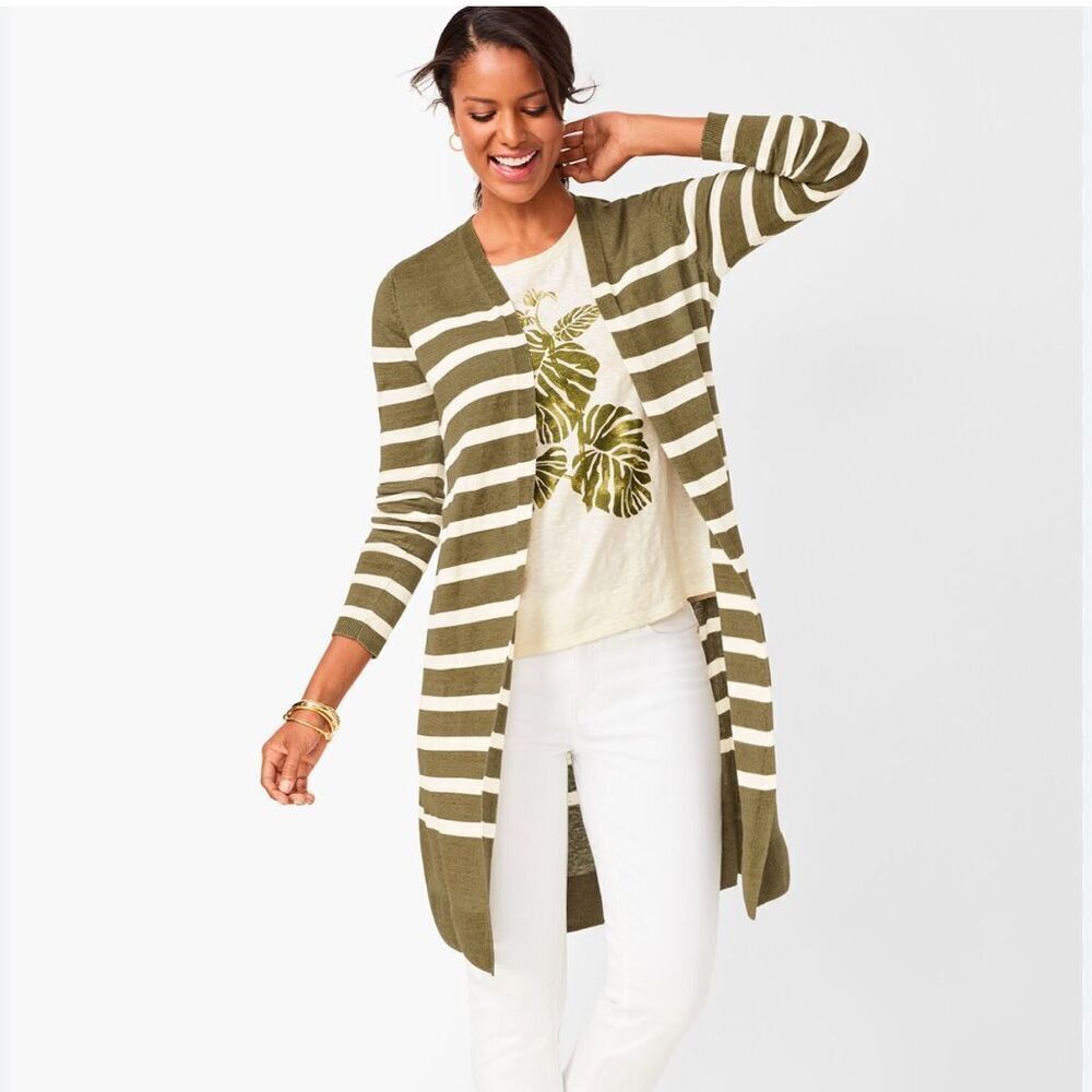 Talbots 100% linen LIGHTWEIGHT DUSTER cardigan STRIPED size L